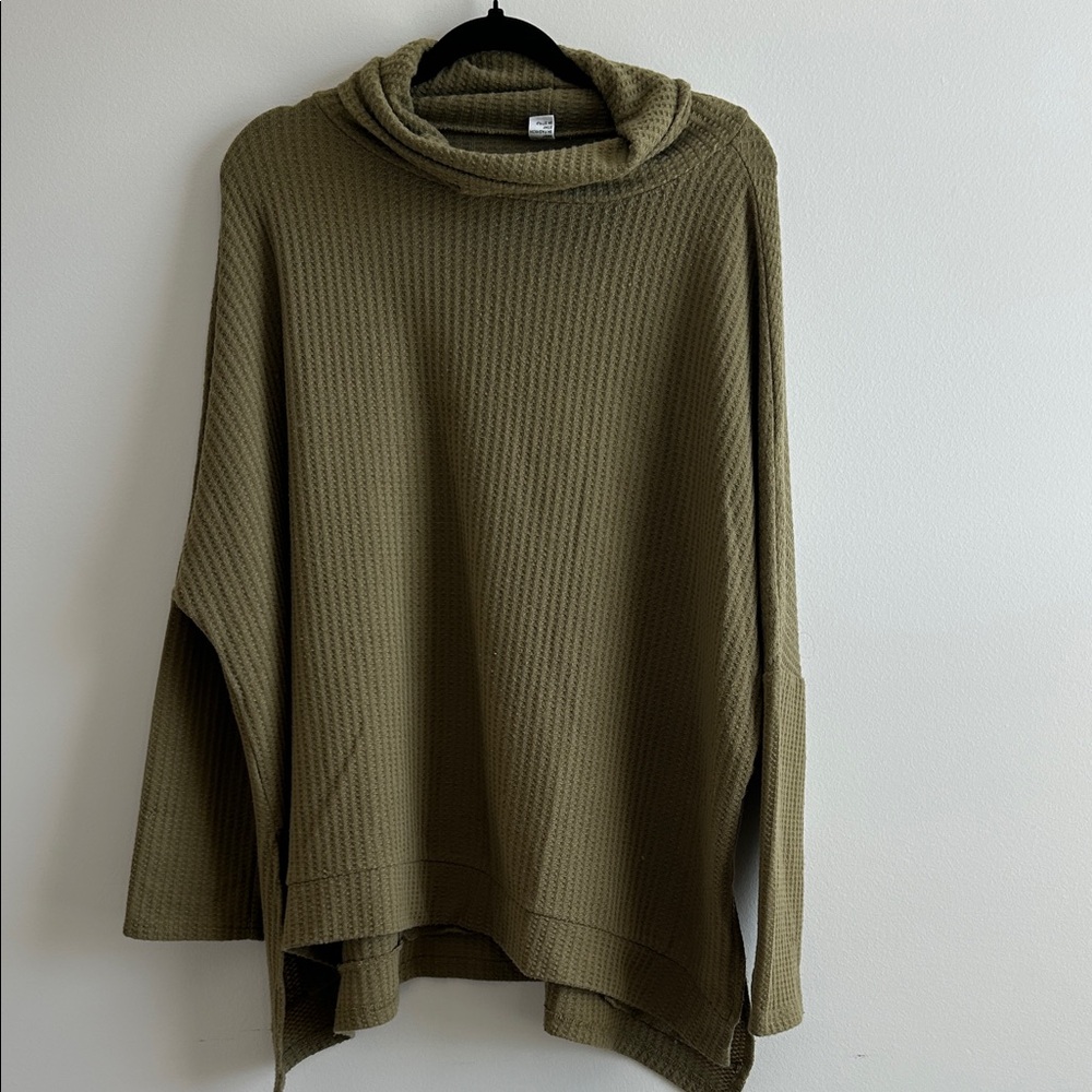 Cozy Olive Cowl Neck Henley Sweater, Anrabess, XL